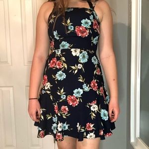 Flowery navy ruffle dress